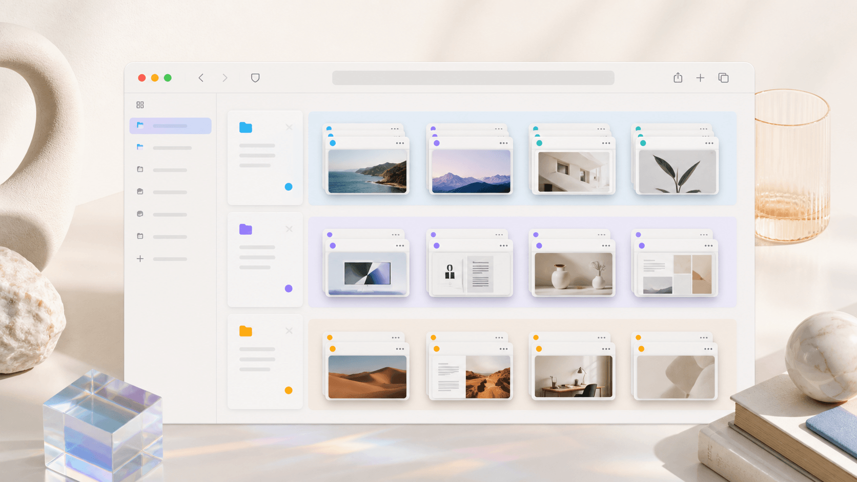 Organized Safari windows and saved tab sessions on a Mac with colorful tab cards