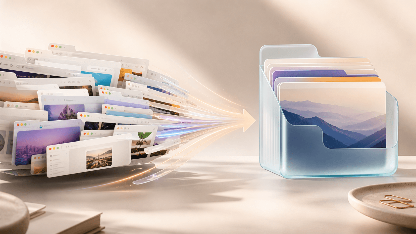 A Safari tab list transforming into organized saved sessions on a Mac