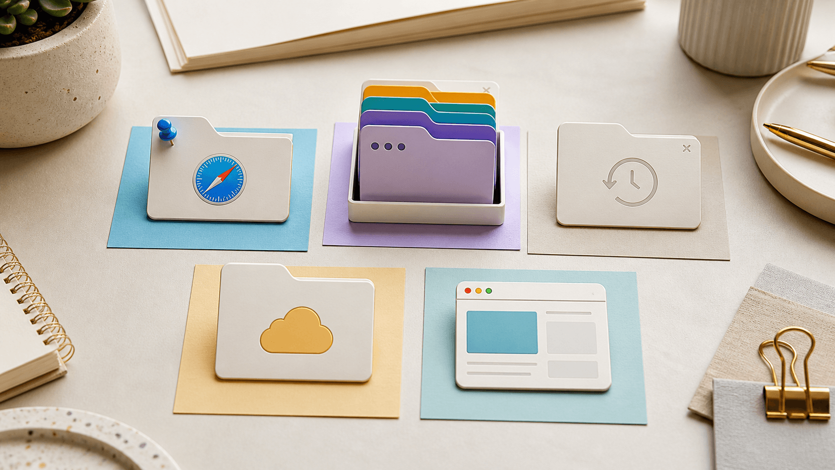 A calm, organized Safari workspace with grouped tabs and saved sessions on a Mac