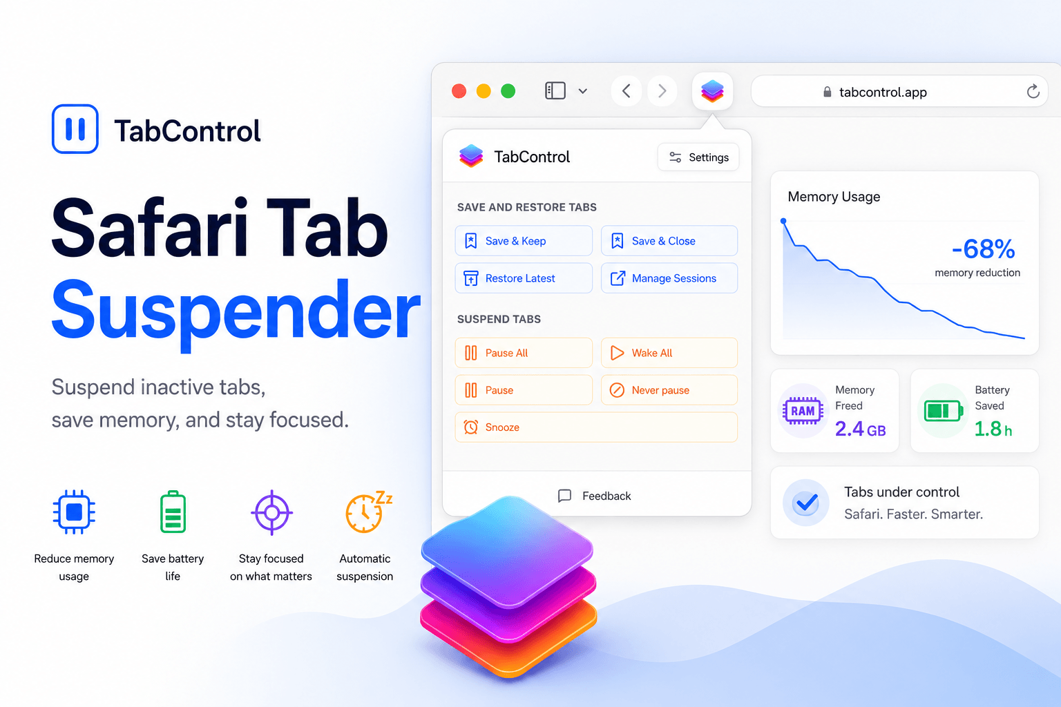 TabControl Safari Tab Suspender interface showing suspension controls and memory savings